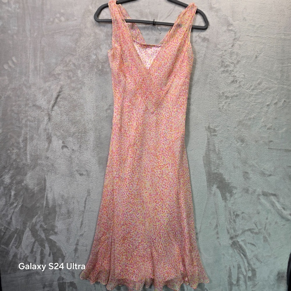 VTG Talbots Midi Slip Dress Womens 6 Pink Confetti Print Silk Sleeveless V Neck